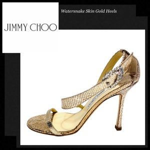 JIMMY CHOO Jeweled Exotic Watersnake Skin Gold Heels